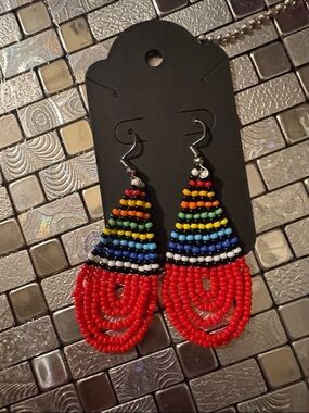 Handmade Multicolor Beaded Teardrop Earrings - Red & Rainbow